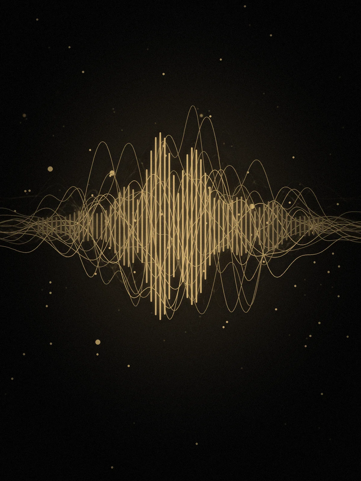 Ilustración abstracta: ondas de sonido doradas sobre fondo negro, que representan la música y al artista